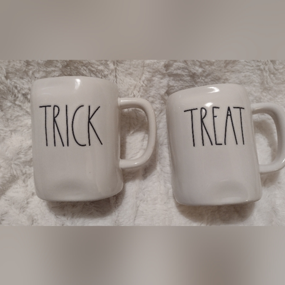 Rae Dunn Coffee Mugs Set of 2  Halloween Trick & Treat White Classic Magenta